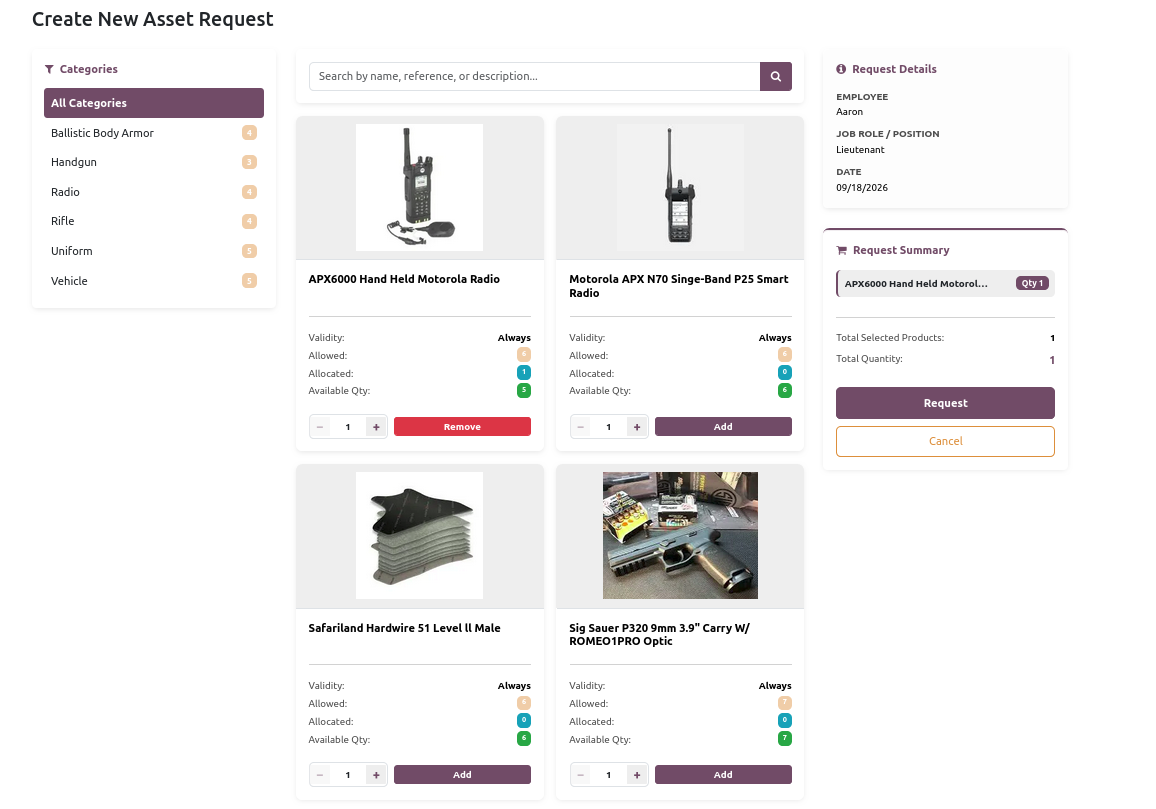 Quartermaster self-service portal for first responders to request and review equipment